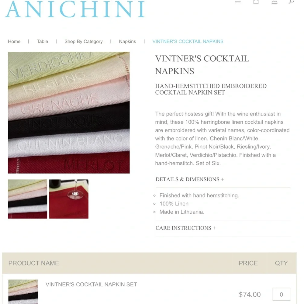 Anichini Embroidered Wine-Varietal Linen Napkins - Set of 6 - in packaging